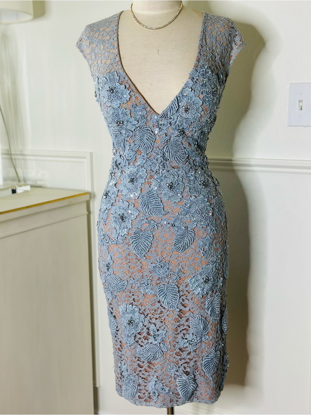 Jovani Dusty Blue Lace Midi Dress with Floral Appliqué